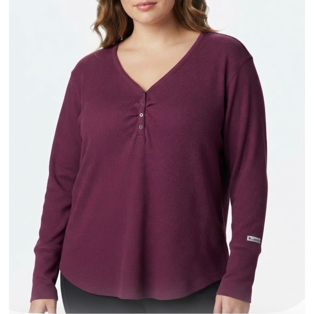 Columbia Womens XL Omni Wick Waffle Knit Thermal Henley Top Plum Long Sleeve